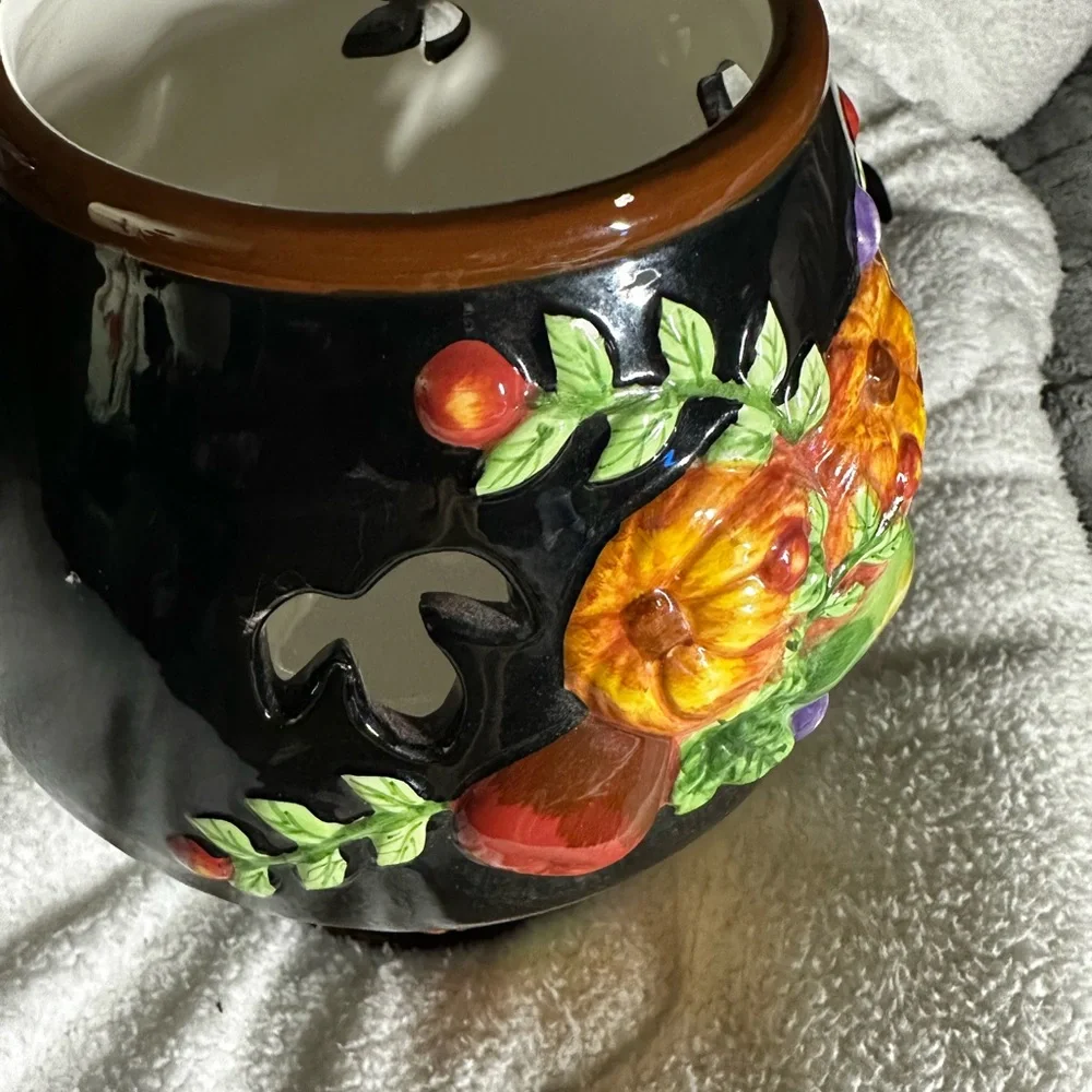 Vintage Ceramic Fruit candles holder/Jar with Raised Harvest Motif - Picture 3 of 6